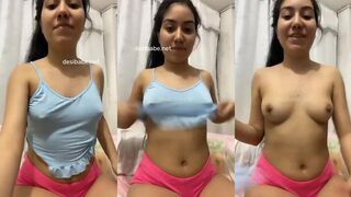 Cute girl stripping nude, getting her boobs pressed and her wet pussy rubbed hard til