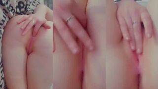 Solo pussy play with fingers, wet and spread on the bed